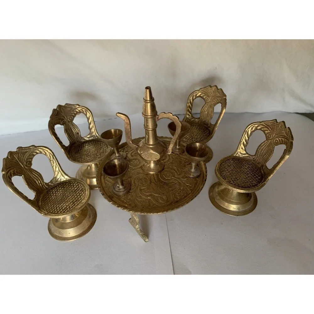 Miniature Brass Table Chairs Goblets & Pitcher LOT of 10 Doll House Decor India